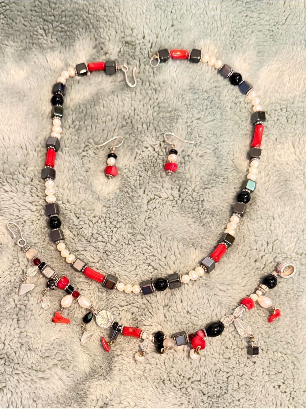 Sterling Silver 925 Coral Hematite Pearl Jewelry Set Necklace Bracelet Earrings